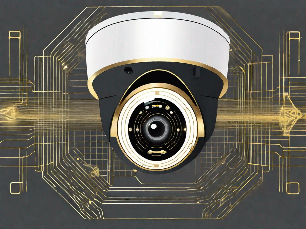 High-resolution 4K AI-powered surveillance camera on futuristic circuit board background – Apollo Technology security solutions in Chicago