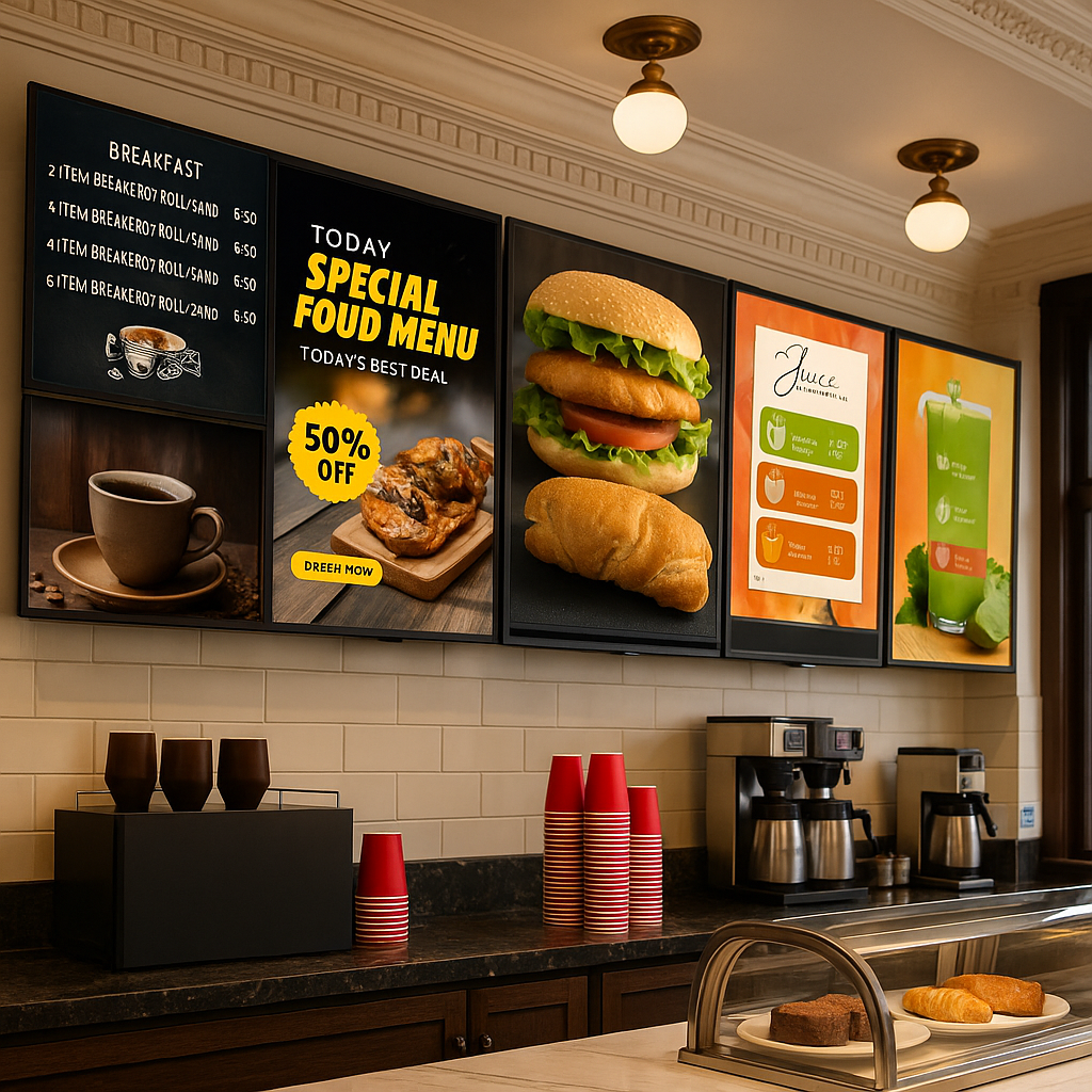 Restaurant LED menu board displays and commercial technology installation for retail and restaurant spaces.