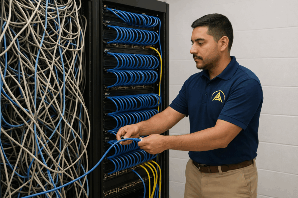 Apollo Technology technician performing structured network cabling and Cat6 installation in Chicago server room