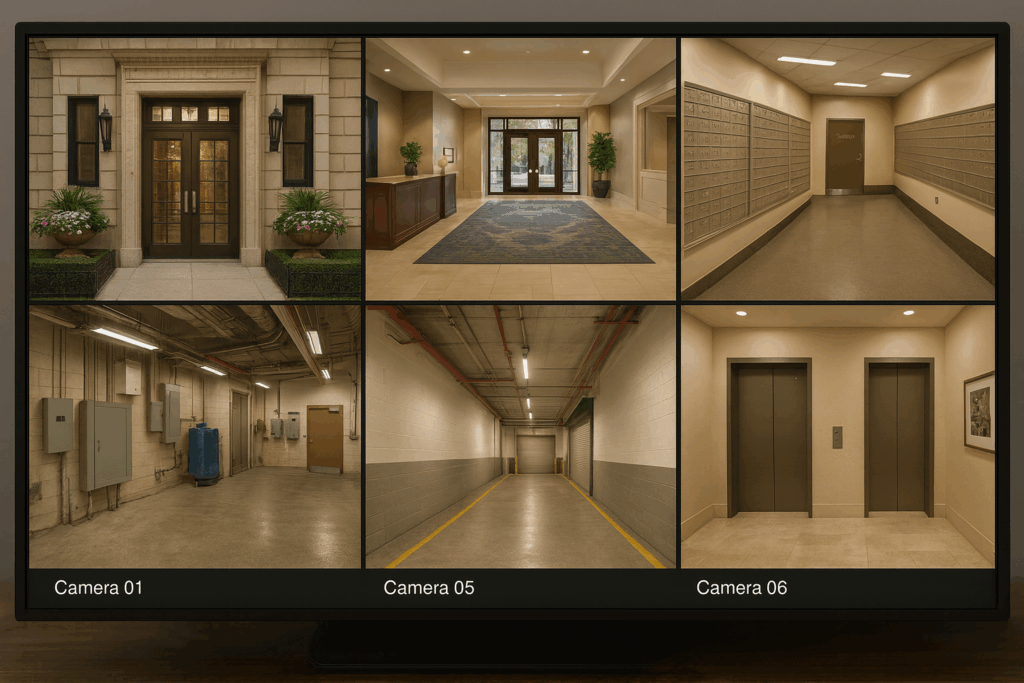 Live multi-camera security monitor in Chicago condo/high-rise showing lobby, elevators, parking, and package room feeds – Apollo Technology