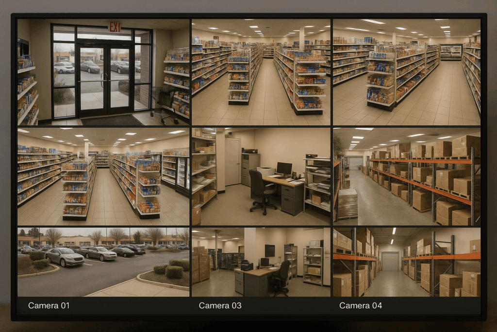 Live security camera monitor in Chicago retail store showing AI surveillance feeds – Apollo Technology
