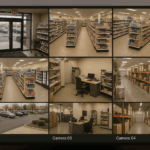 Live security camera monitor in Chicago retail store showing AI surveillance feeds – Apollo Technology