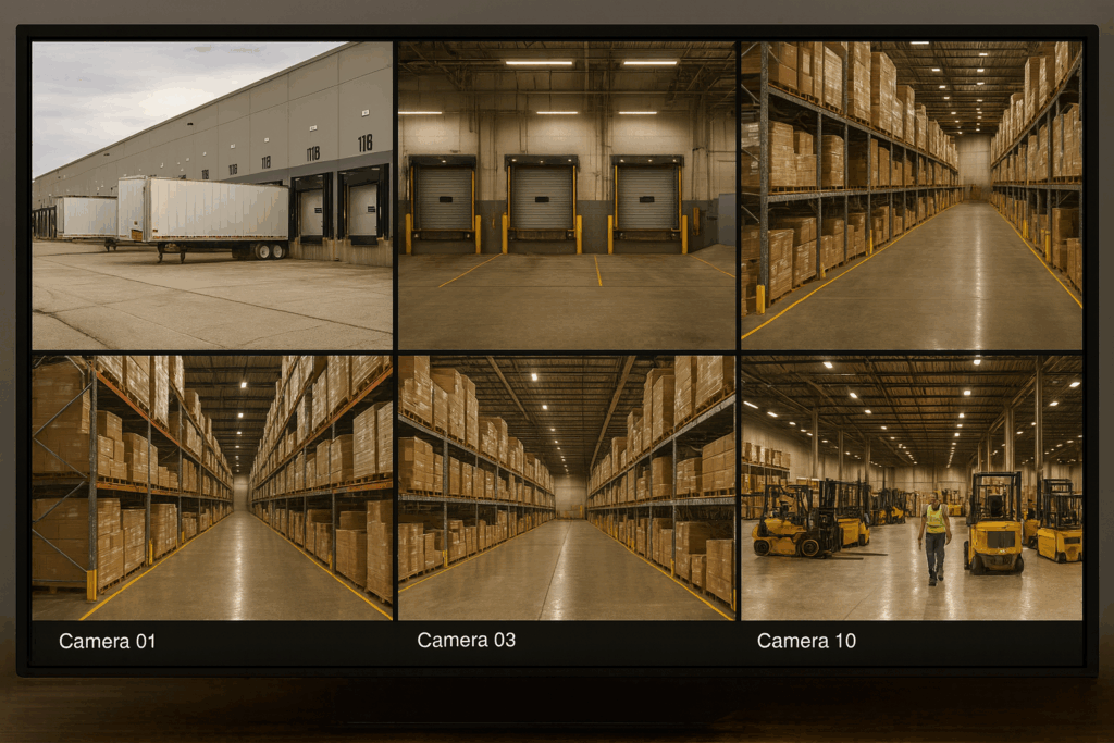 Live 6-camera security monitor showing loading docks, racking, and yard in Chicago warehouse – Apollo Technology