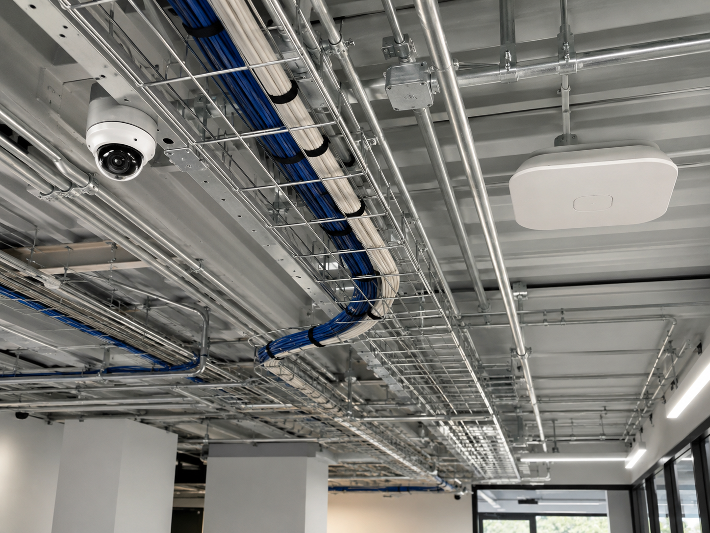 Commercial cabling pathway with camera and network infrastructure.