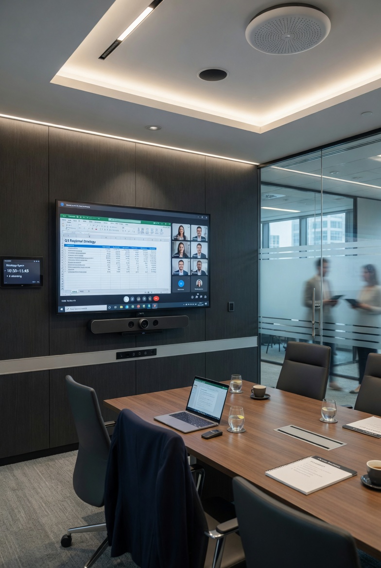 Commercial conference room with video conferencing display, camera, and ceiling audio
