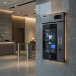 Commercial video intercom and access control panel in a building lobby