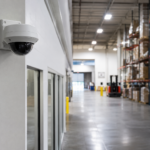 Dome security camera installed in a commercial warehouse hallway