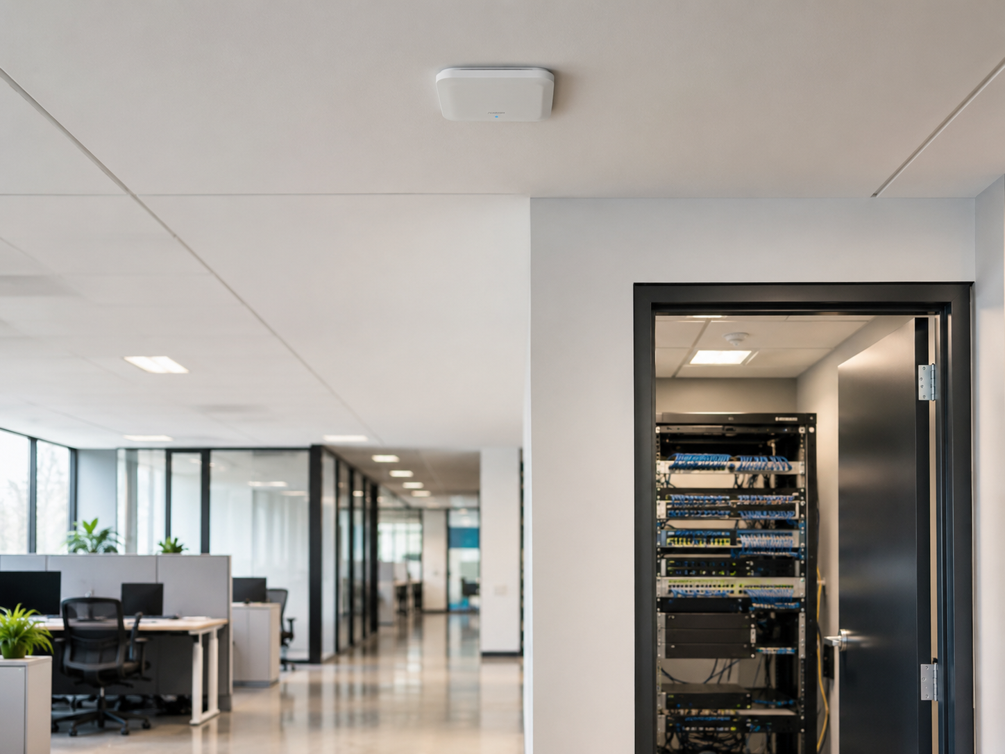 Commercial office Wi-Fi and network hardware infrastructure with access points, cabling, and organized equipment planning.