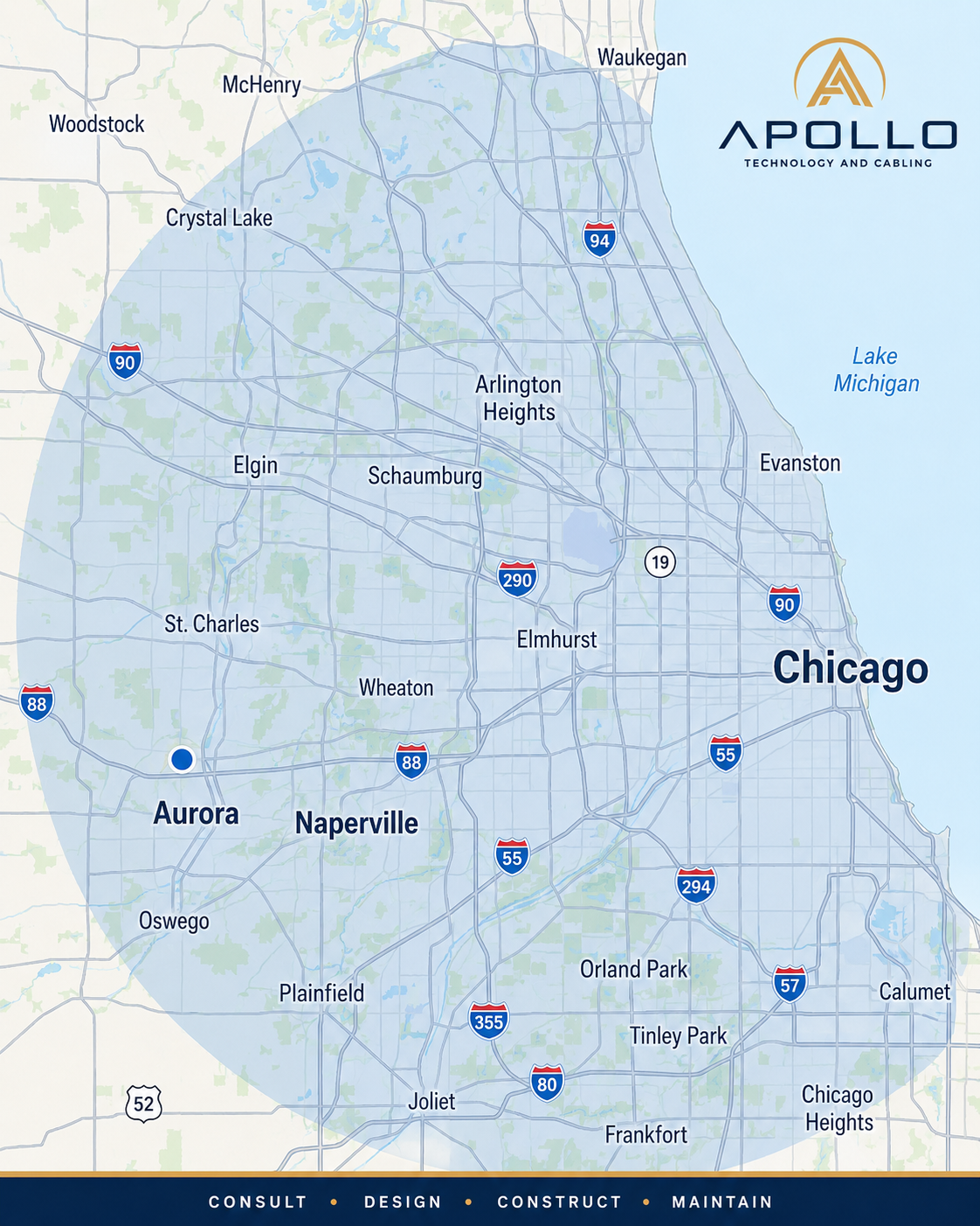 Apollo Technology & Cabling service area map for Chicago, the suburbs, and Northern Illinois