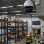 Commercial surveillance camera mounted inside a warehouse overlooking storage racks and loading activity