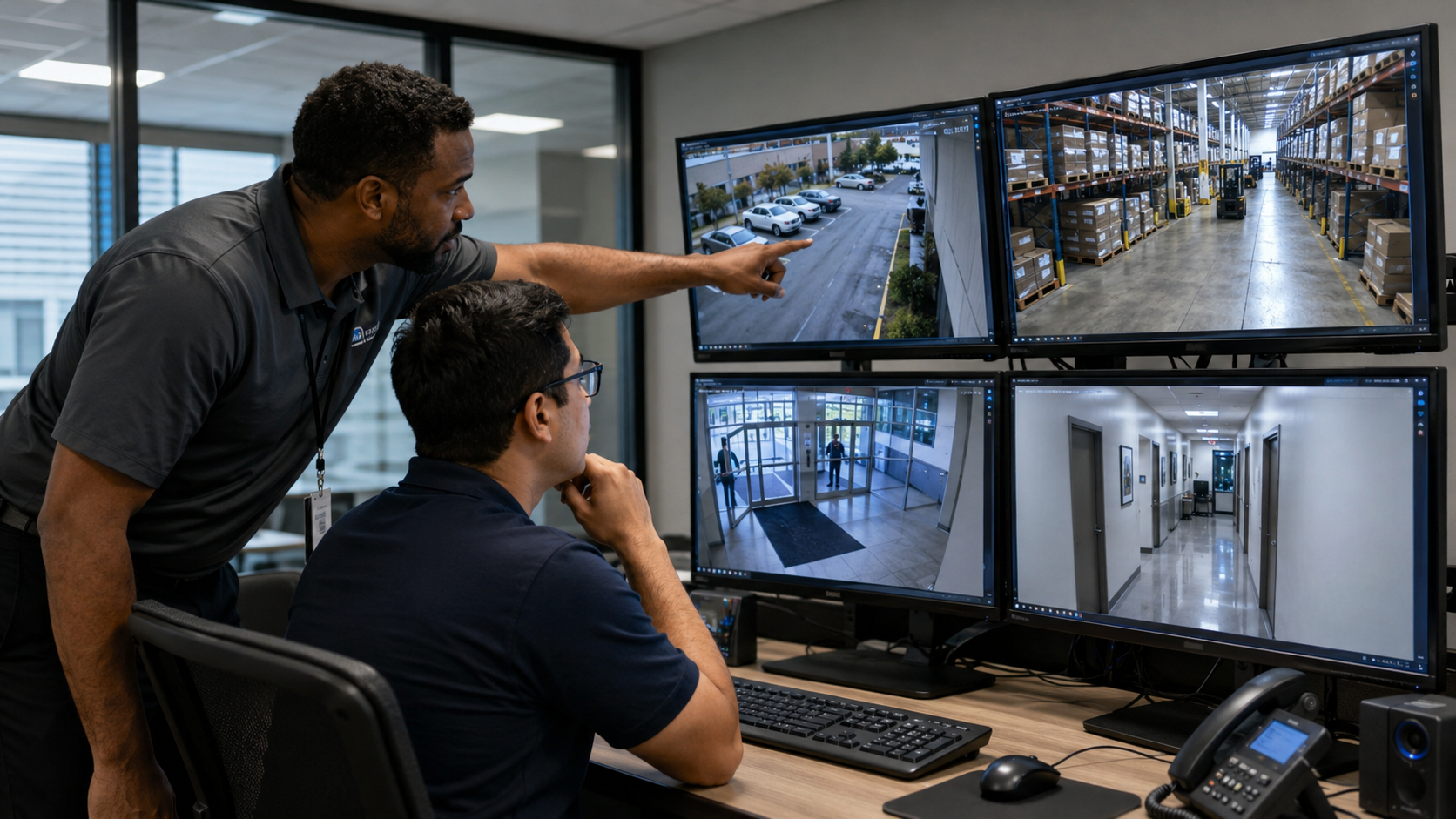 Security team reviewing surveillance footage at a multi-monitor workstation