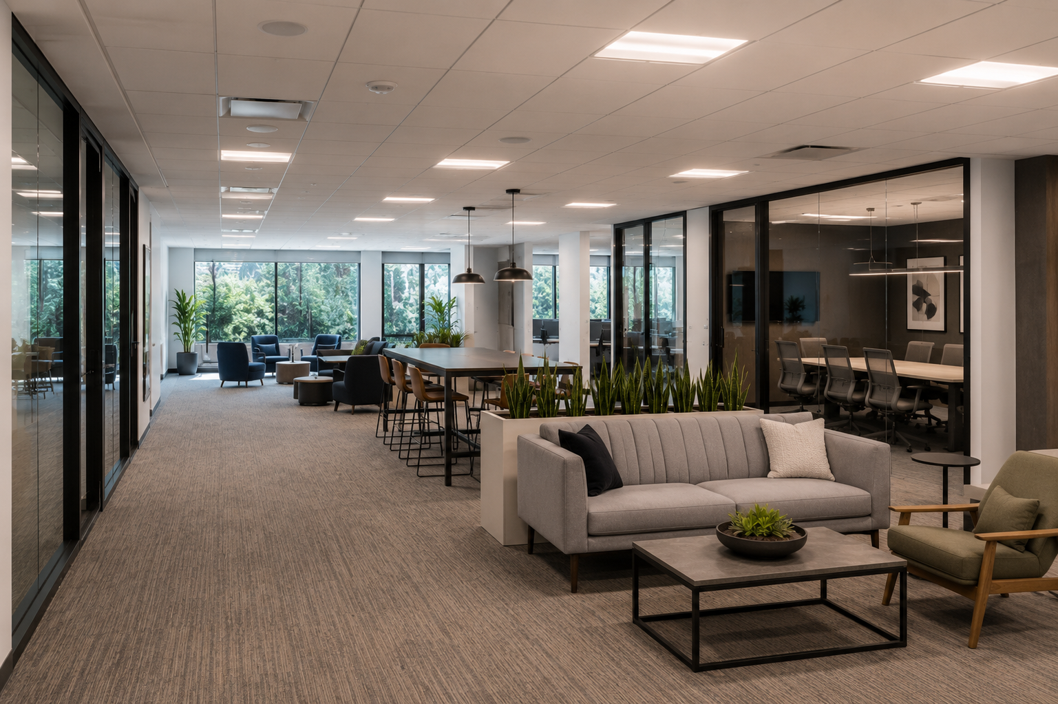 Open office with ceiling audio and sound masking infrastructure