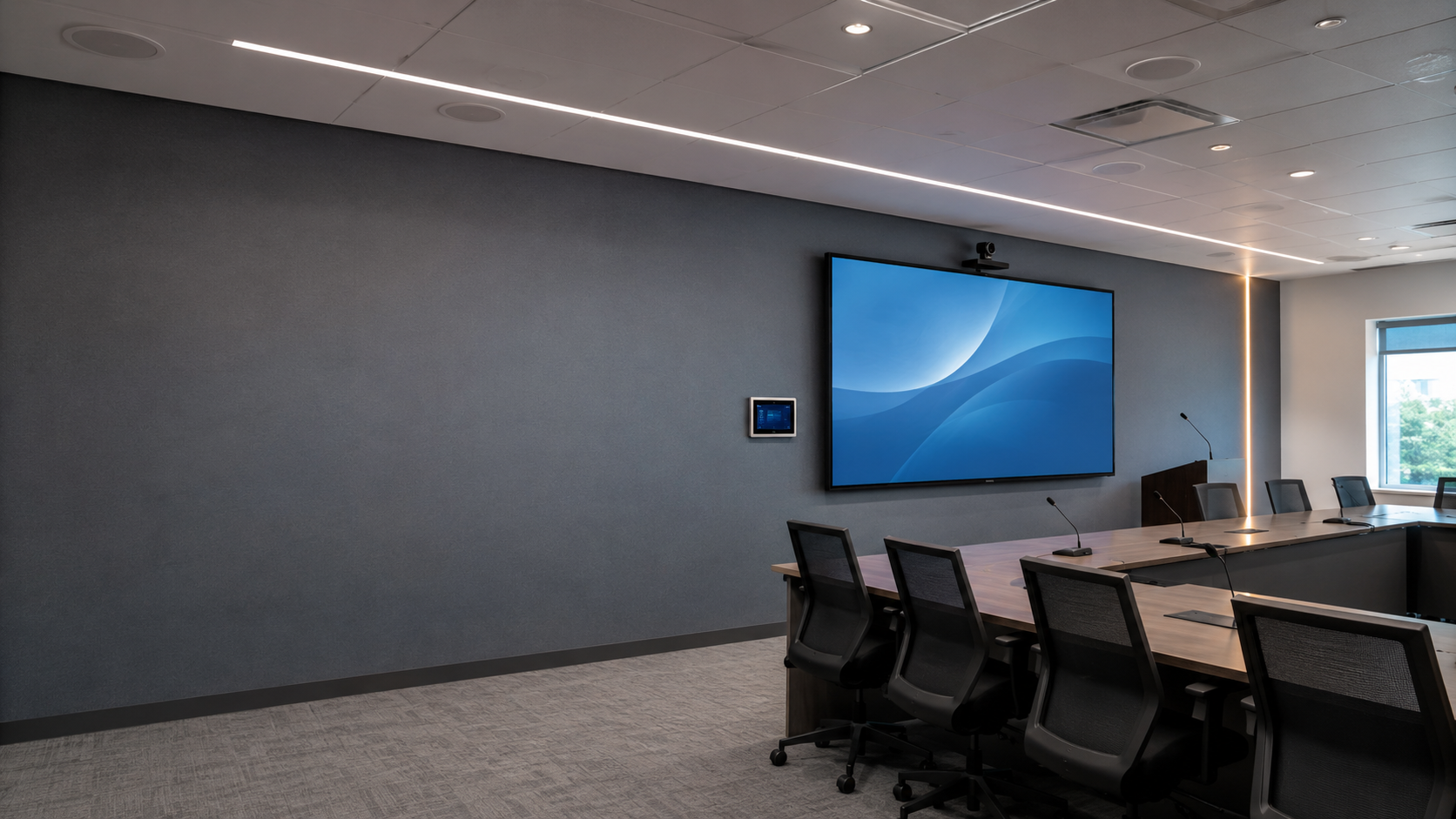 Commercial meeting room with display, camera, microphones, and ceiling audio
