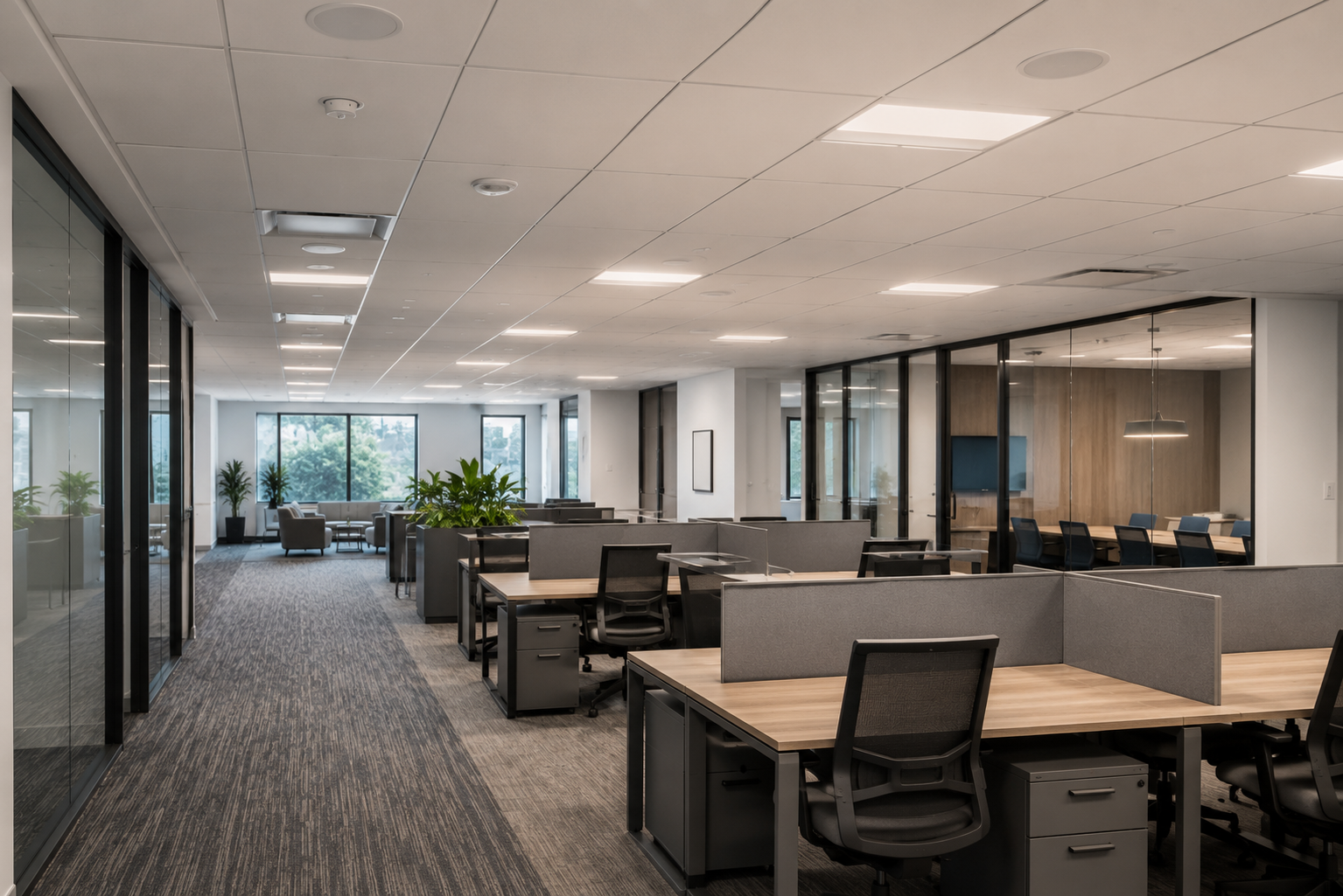 Open office with ceiling speakers and sound masking infrastructure
