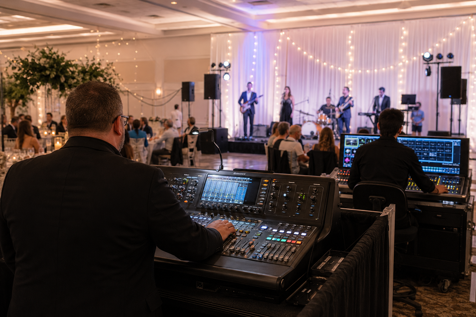 Live event AV control station with audio mixing console in a ballroom