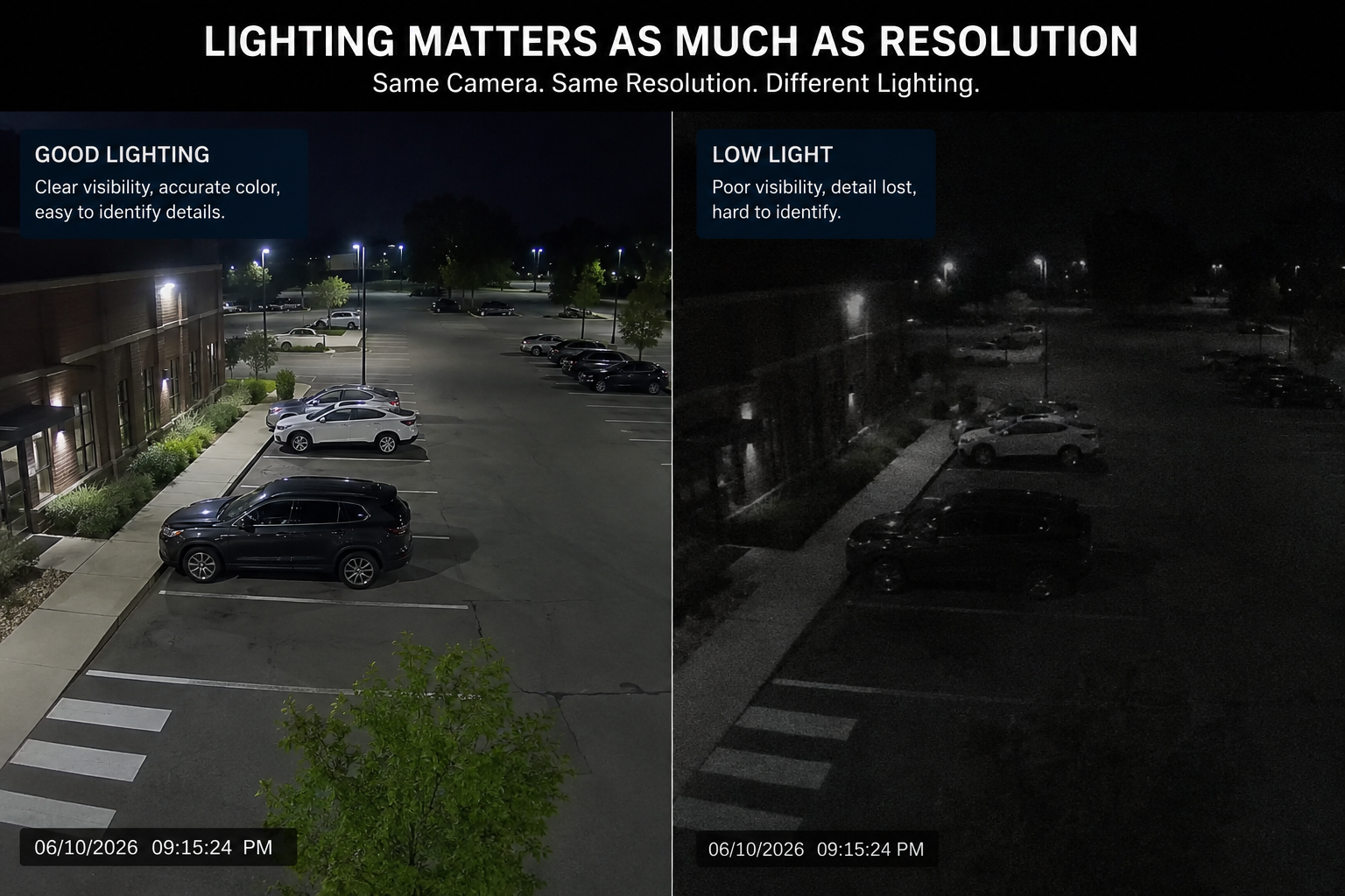 Comparison of a parking lot camera image with good lighting versus low light.