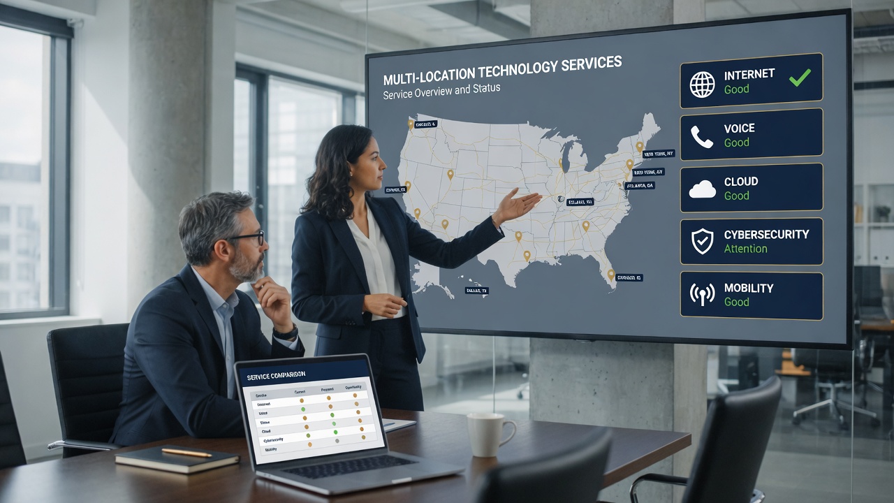 Technology advisor reviewing multi-location internet voice cloud and cybersecurity services