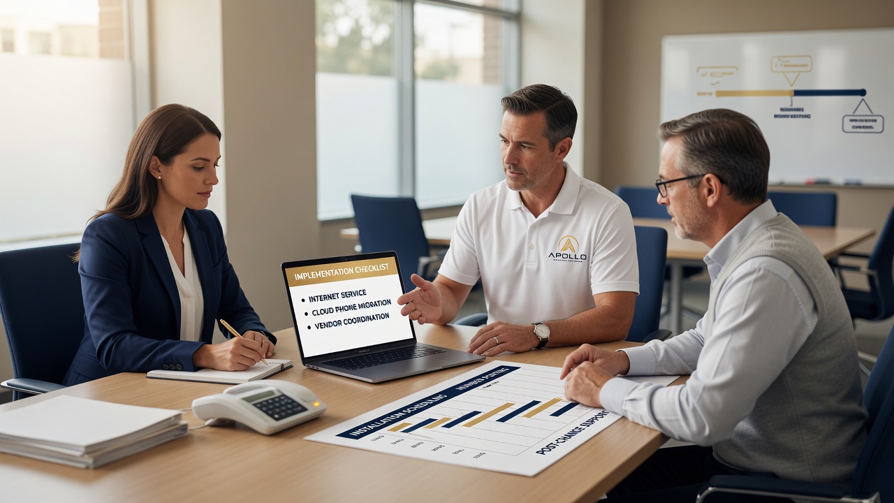 Apollo advisor reviewing technology service implementation checklist with business clients