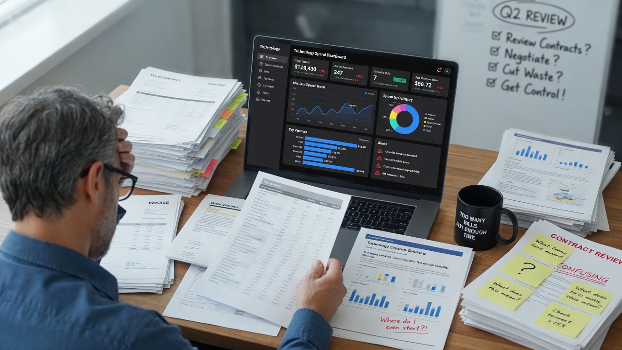 Technology services advisor reviewing telecom bills and contract costs