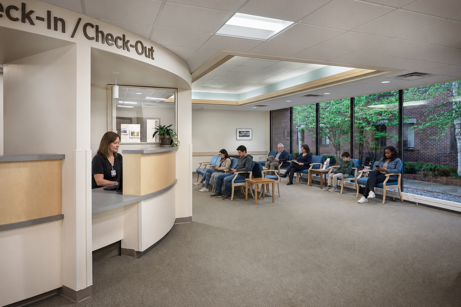Healthcare waiting room and check-in reception area supported by low-voltage infrastructure planning