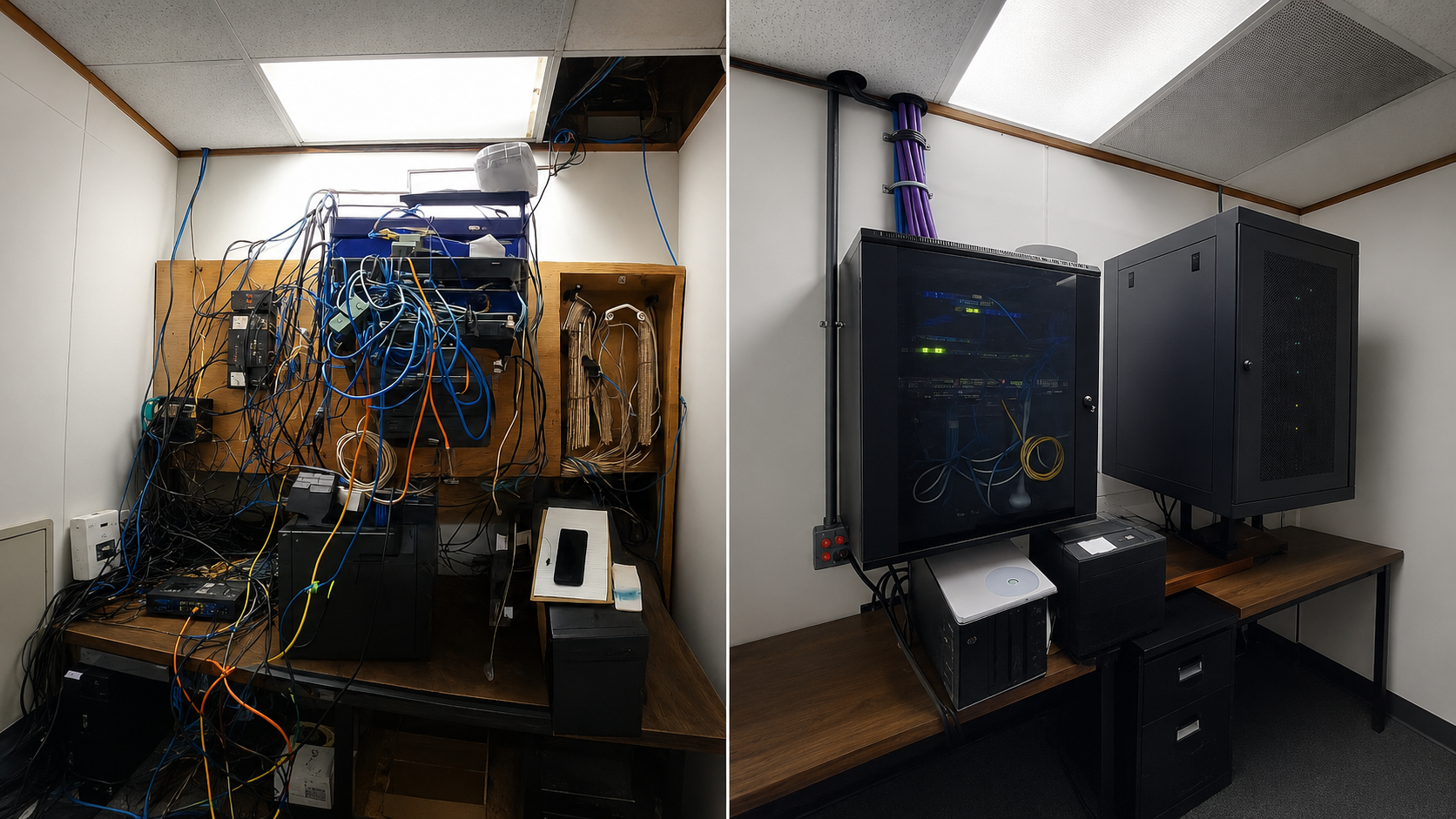 Before and after IT room cleanup showing organized commercial network equipment and cabling