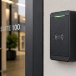 Commercial access control card reader installed near a suite entrance for secure employee access