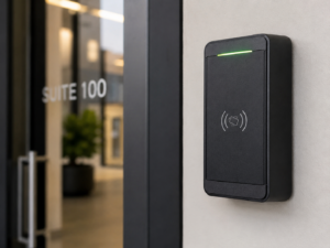 Commercial access control card reader installed near a suite entrance for secure employee access