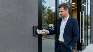 Business owner presenting $100 bills to a commercial access control card reader, illustrating ongoing access control subscription fees.