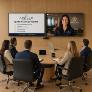 Apollo branded conference room with dual 75-inch displays showing an AV planning checklist and remote technology advisor during a client meeting.
