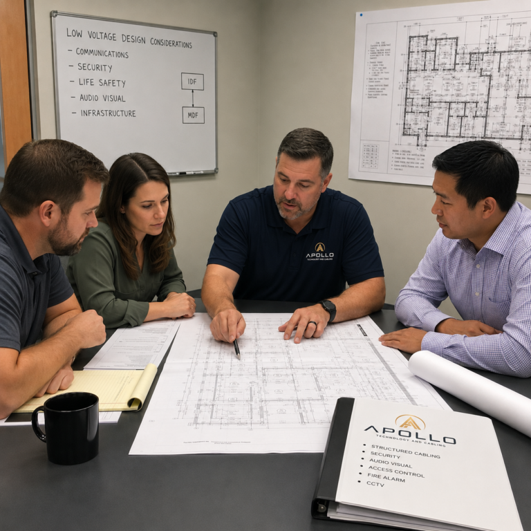 Apollo technology advisor in branded polo reviews commercial building blueprints with project stakeholders during a low voltage design meeting.