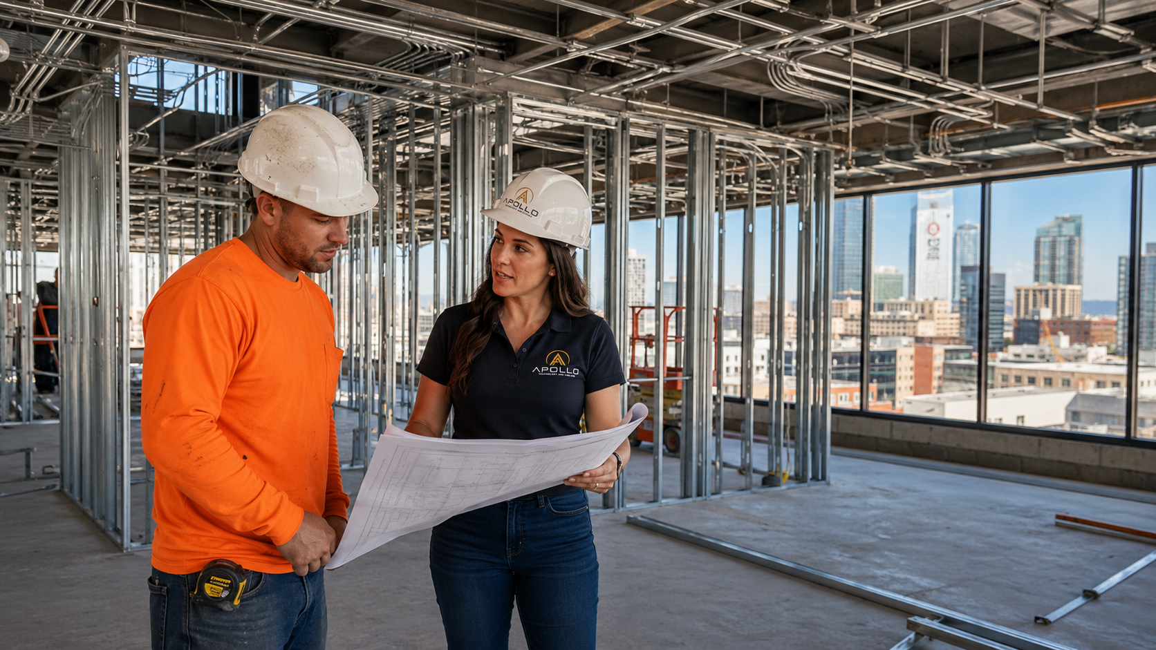 Apollo Technology team reviewing plans during a commercial low-voltage buildout