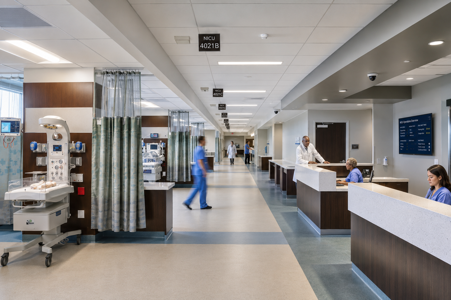 Healthcare facility environment with low-voltage infrastructure, Wi-Fi, security, and digital signage needs.